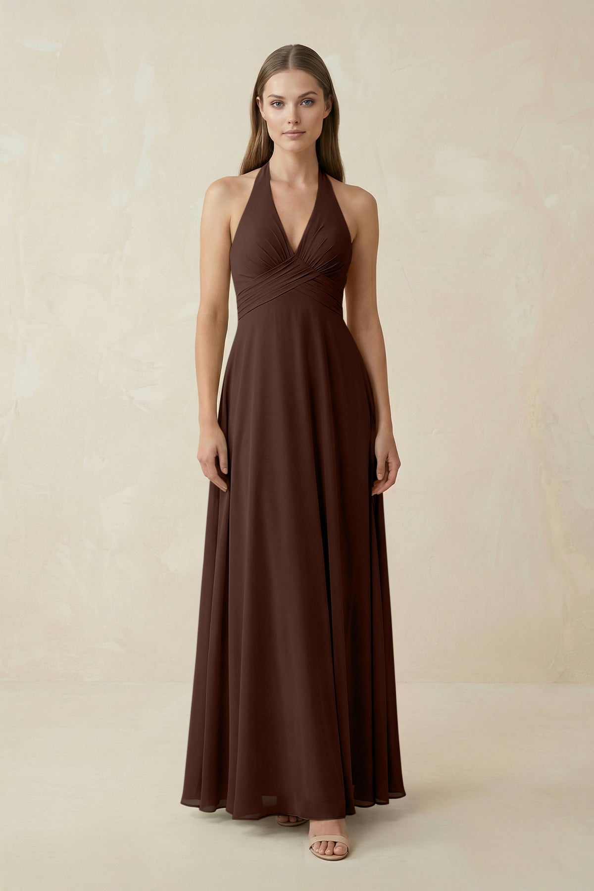 A-Line Pleated Chiffon V-Neck Bridesmaid Dress in Espresso