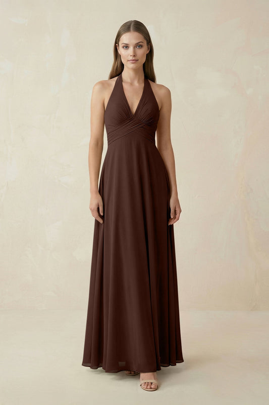 A-Line Pleated Chiffon V-Neck Bridesmaid Dress in Espresso
