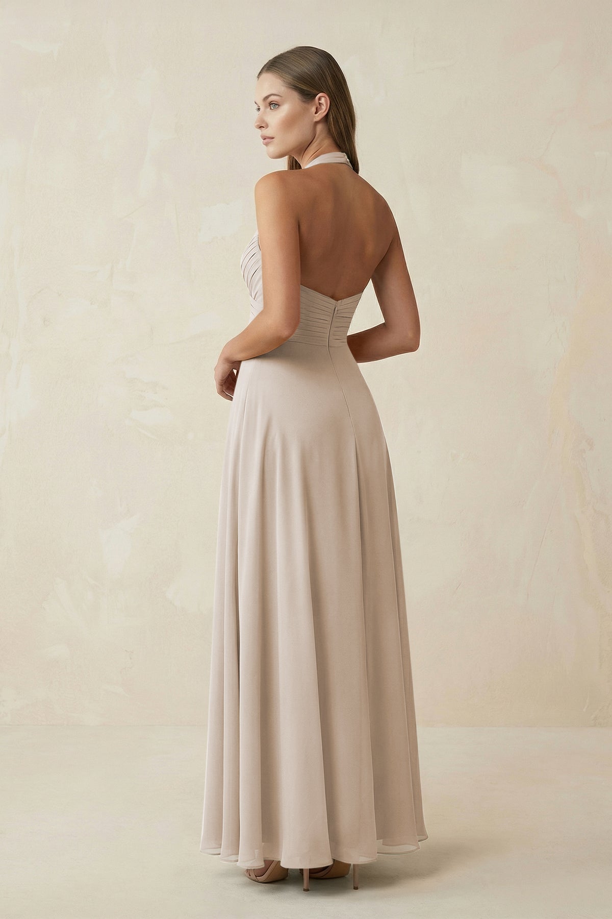 A-Line Pleated Chiffon V-Neck Bridesmaid Dress in Frost