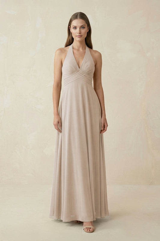 A-Line Pleated Chiffon V-Neck Bridesmaid Dress in Frost