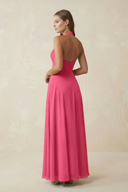 A-Line Pleated Chiffon V-Neck Bridesmaid Dress in Fuchsia