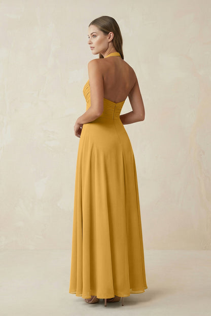 A-Line Pleated Chiffon V-Neck Bridesmaid Dress in Marigold