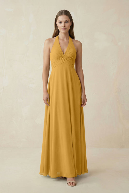 A-Line Pleated Chiffon V-Neck Bridesmaid Dress in Marigold
