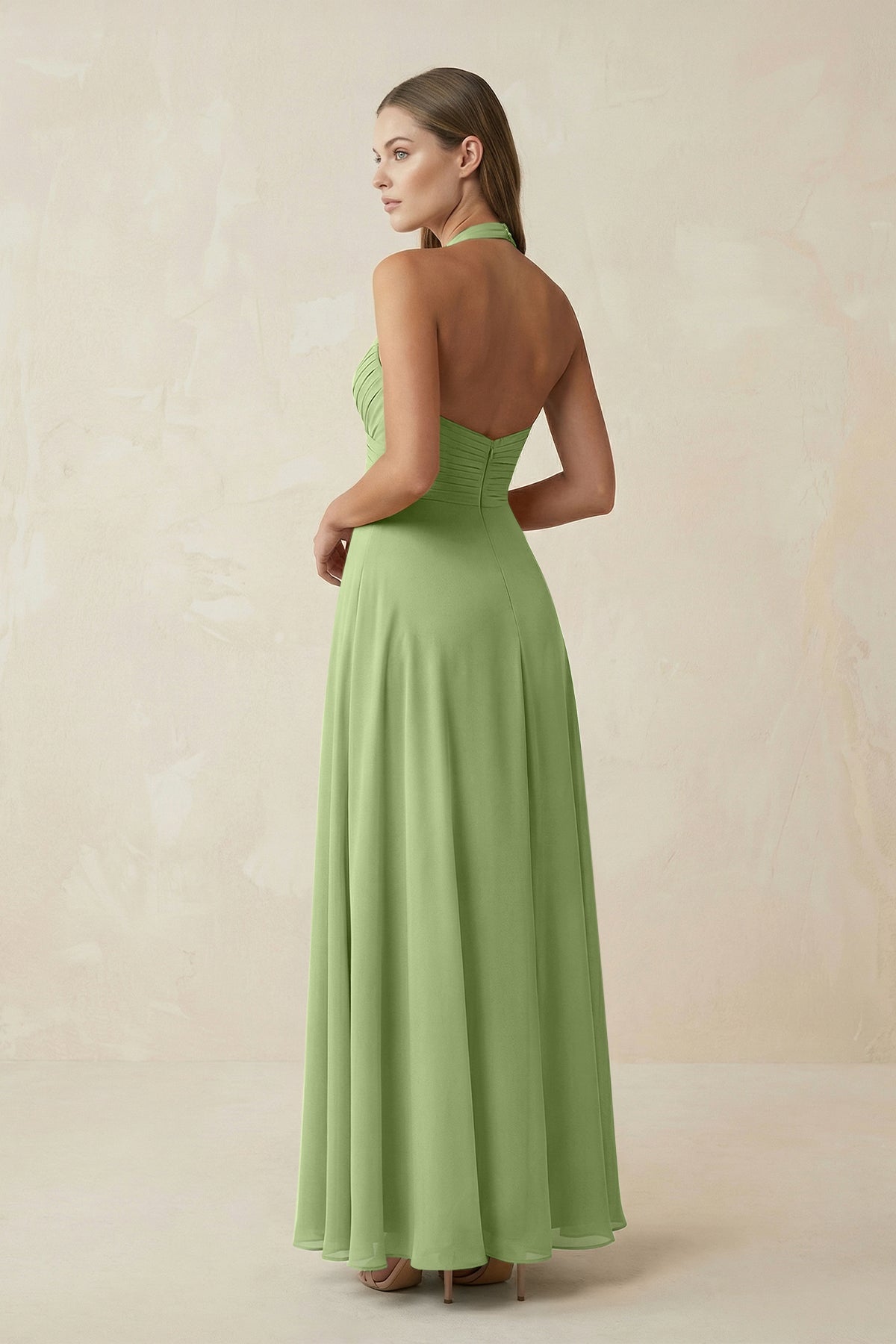 A-Line Pleated Chiffon V-Neck Bridesmaid Dress in Matcha