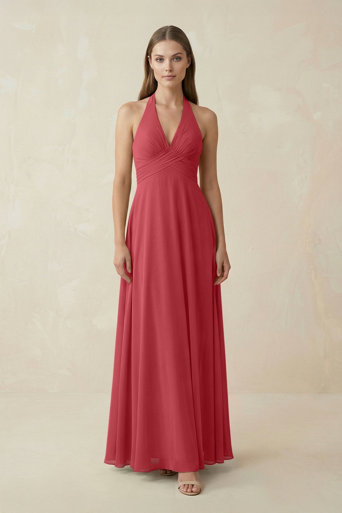 A-Line Pleated Chiffon V-Neck Bridesmaid Dress in Merlot