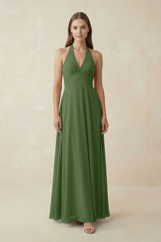 A-Line Pleated Chiffon V-Neck Bridesmaid Dress in Moss