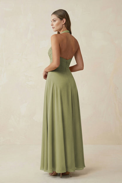 A-Line Pleated Chiffon V-Neck Bridesmaid Dress in Moss Green