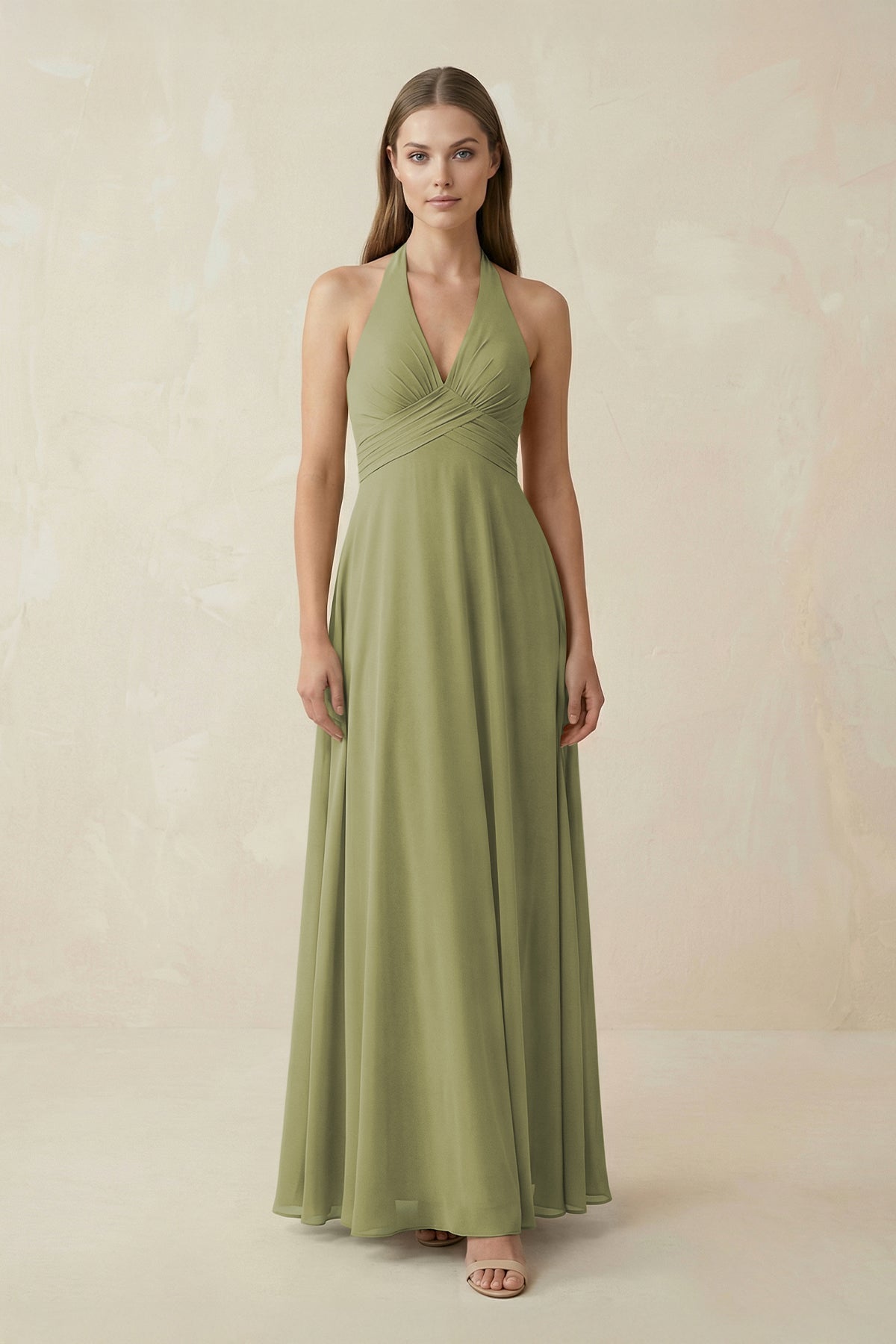 A-Line Pleated Chiffon V-Neck Bridesmaid Dress in Moss Green