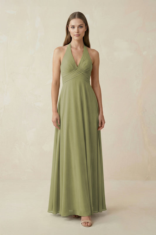 A-Line Pleated Chiffon V-Neck Bridesmaid Dress in Moss Green