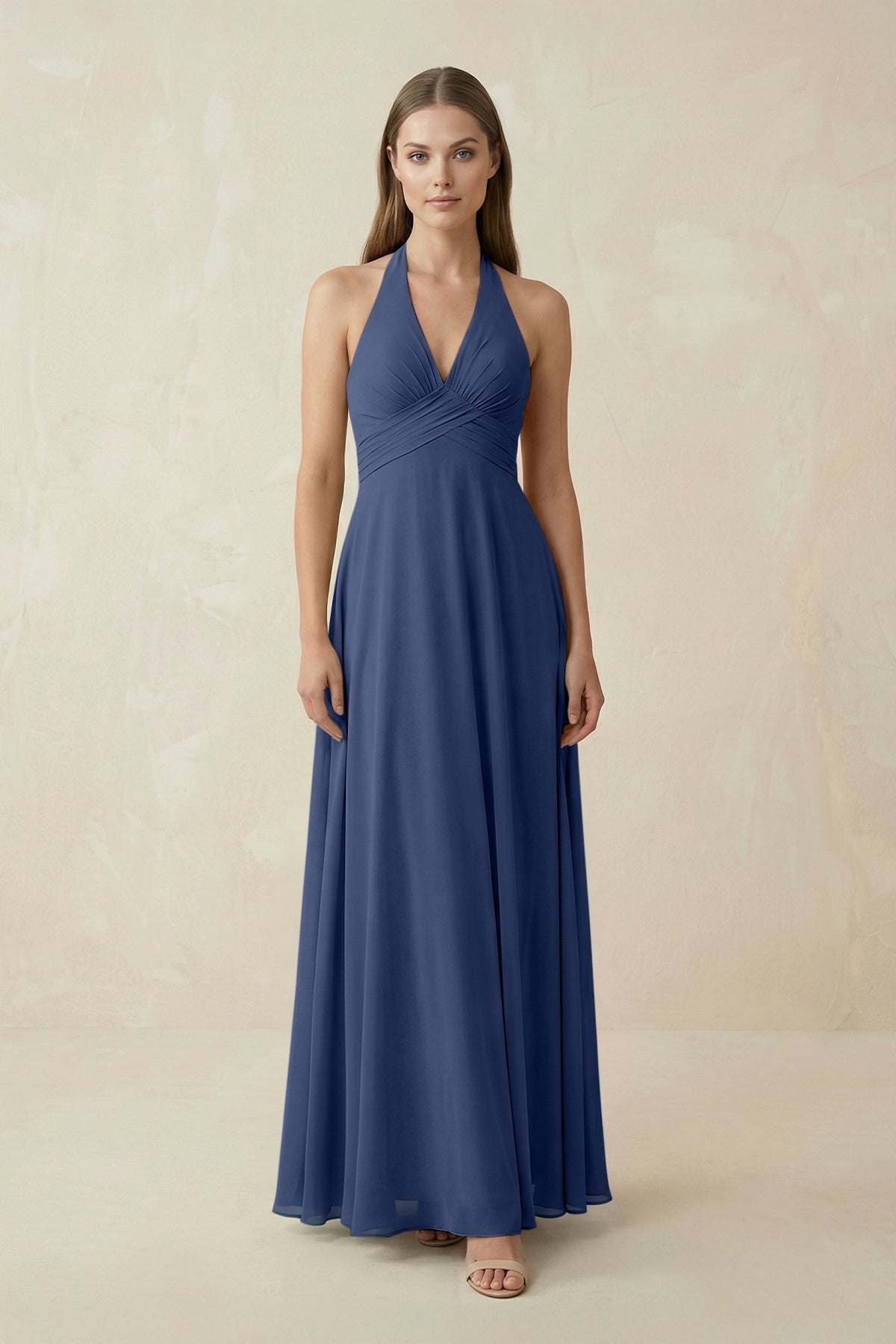 A-Line Pleated Chiffon V-Neck Bridesmaid Dress in Navy