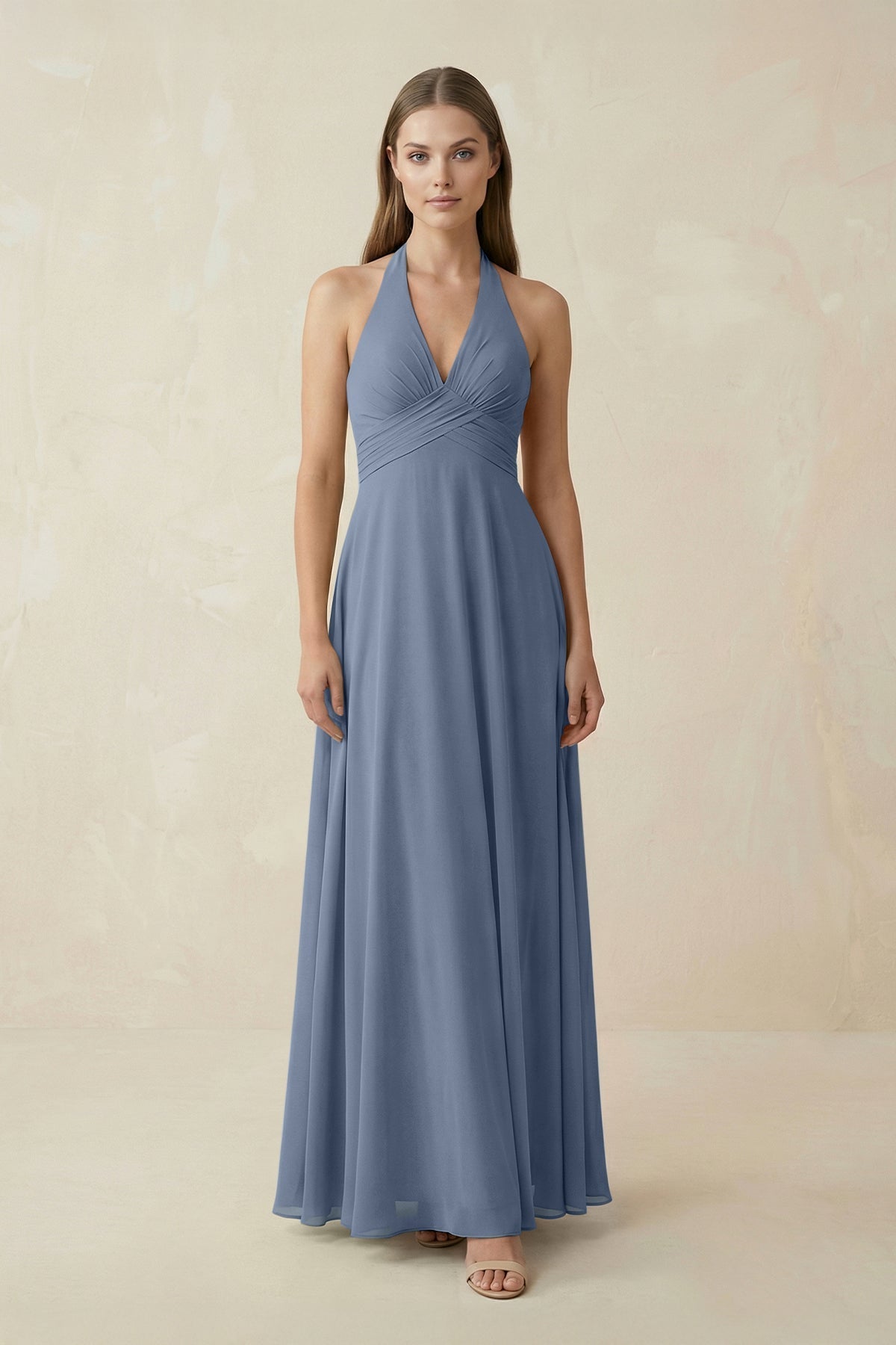 A-Line Pleated Chiffon V-Neck Bridesmaid Dress in Neptune