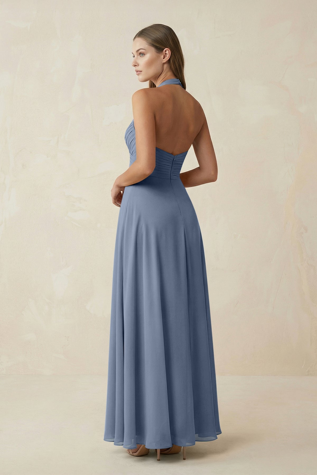 A-Line Pleated Chiffon V-Neck Bridesmaid Dress in Neptune