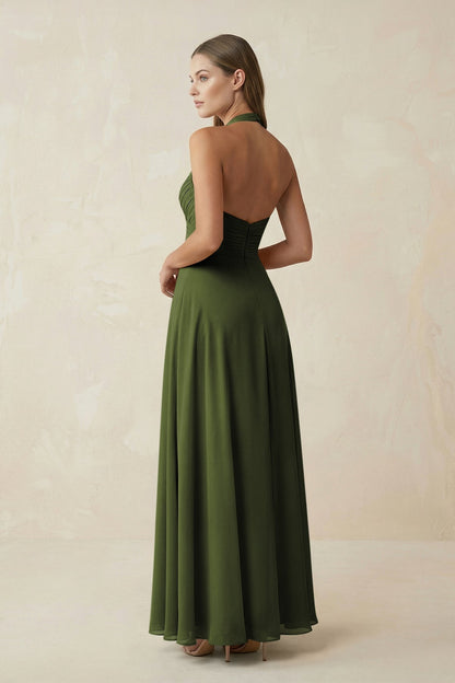 A-Line Pleated Chiffon V-Neck Bridesmaid Dress in Olive