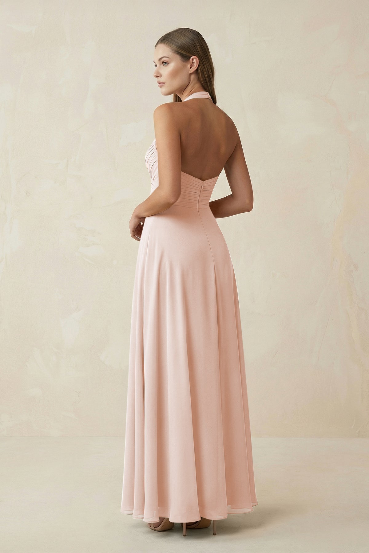 A-Line Pleated Chiffon V-Neck Bridesmaid Dress in Pale Blush