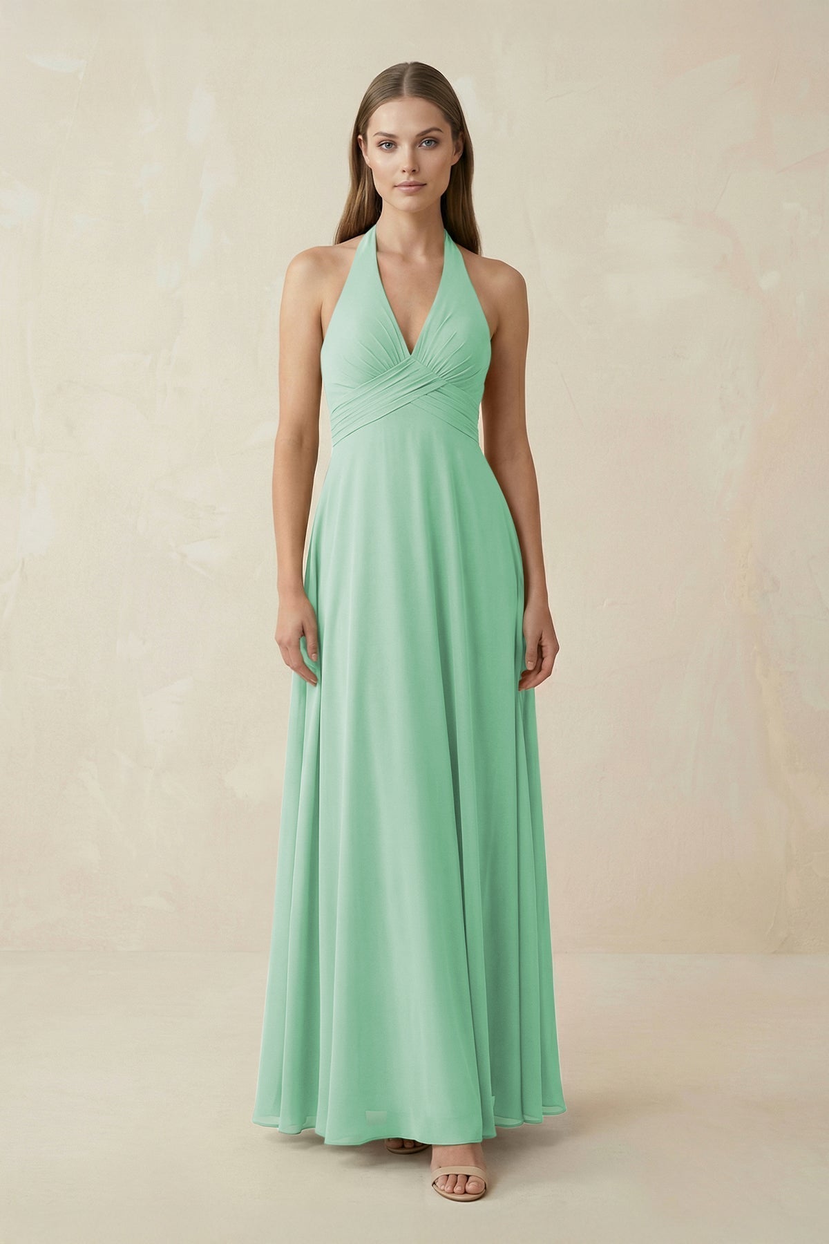 A-Line Pleated Chiffon V-Neck Bridesmaid Dress in Pale Pistachio