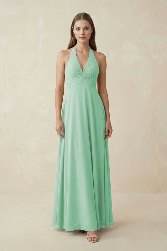 A-Line Pleated Chiffon V-Neck Bridesmaid Dress in Pale Pistachio