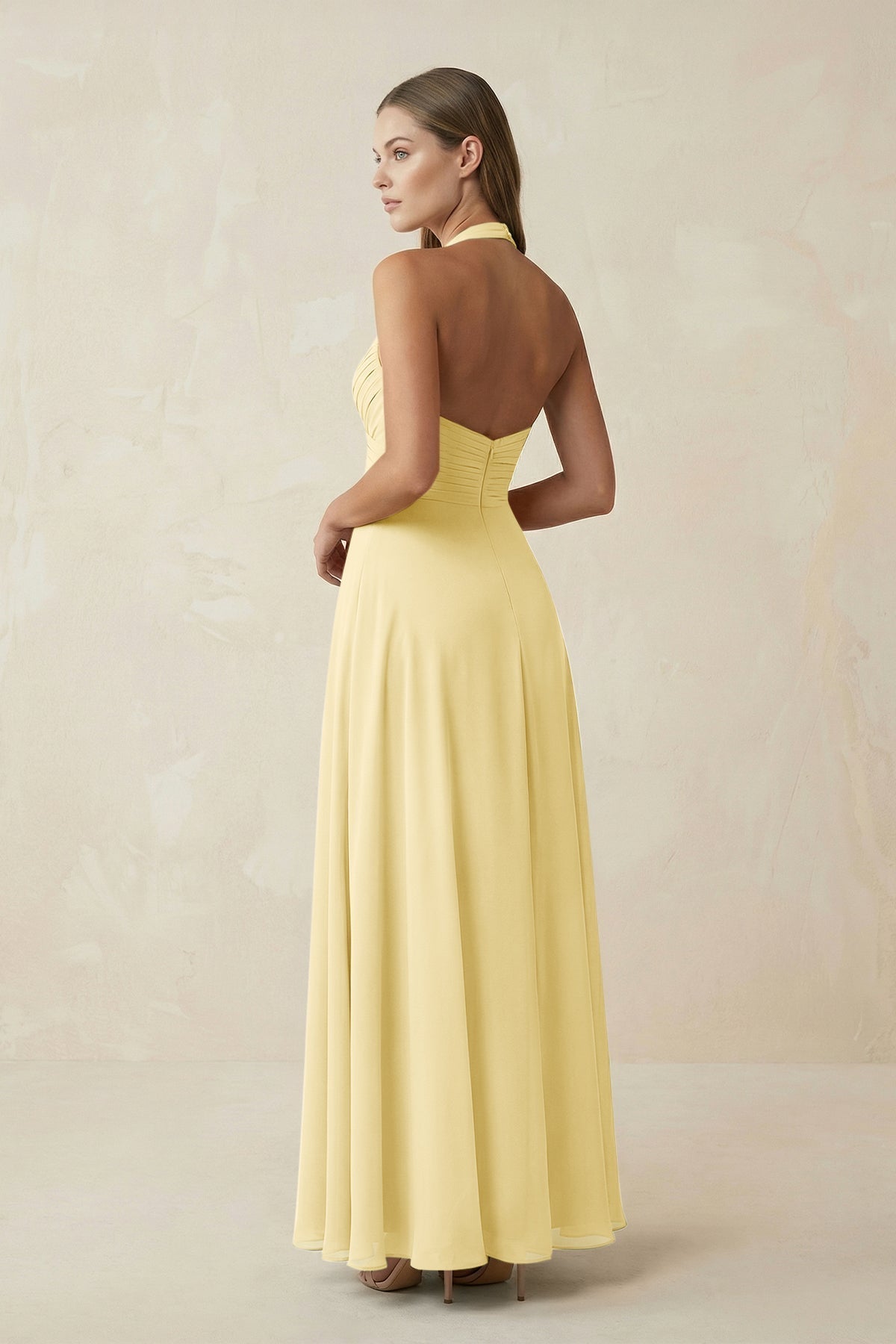 A-Line Pleated Chiffon V-Neck Bridesmaid Dress in Pastel Yellow