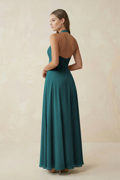 A-Line Pleated Chiffon V-Neck Bridesmaid Dress in Pine