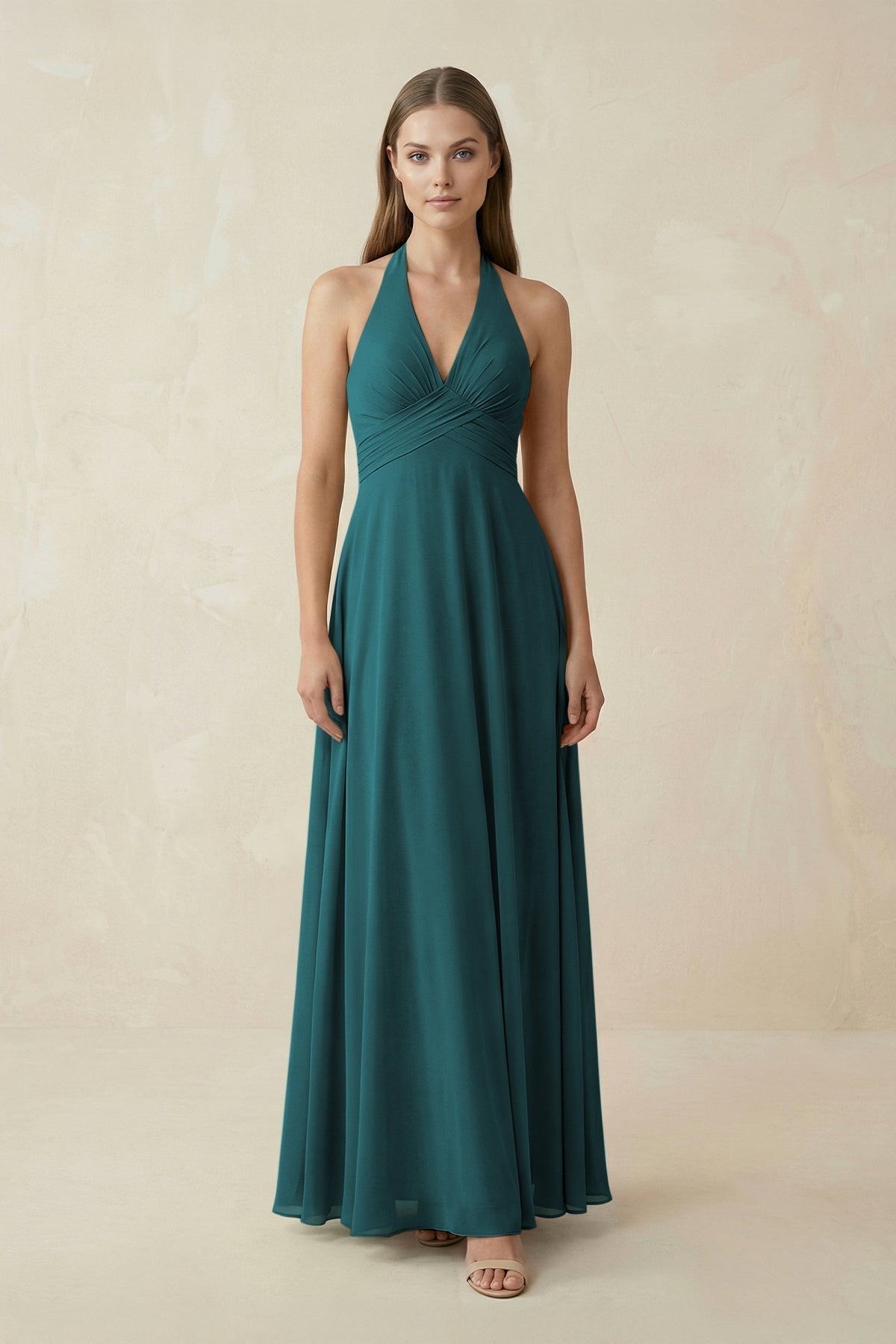 A-Line Pleated Chiffon V-Neck Bridesmaid Dress in Pine