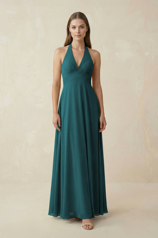 A-Line Pleated Chiffon V-Neck Bridesmaid Dress in Pine