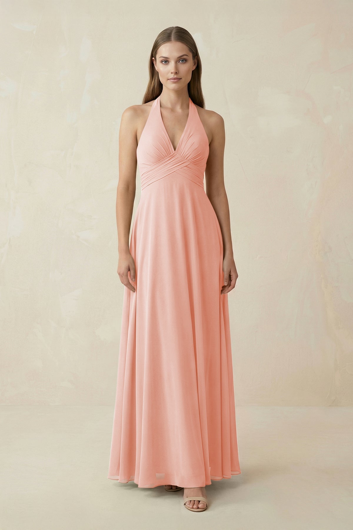 A-Line Pleated Chiffon V-Neck Bridesmaid Dress in Rose Petal