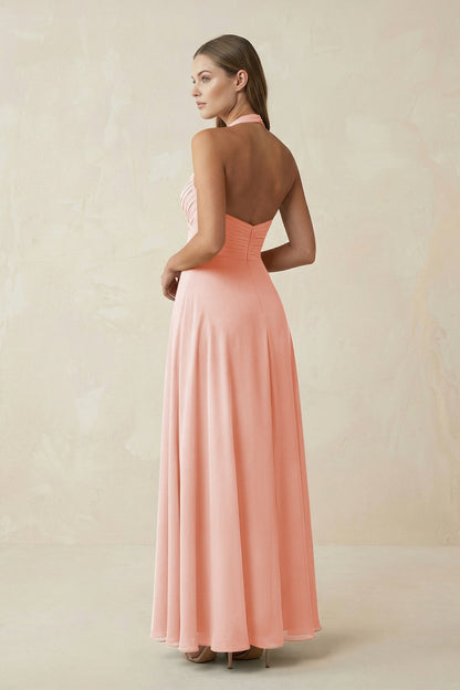A-Line Pleated Chiffon V-Neck Bridesmaid Dress in Rose Petal