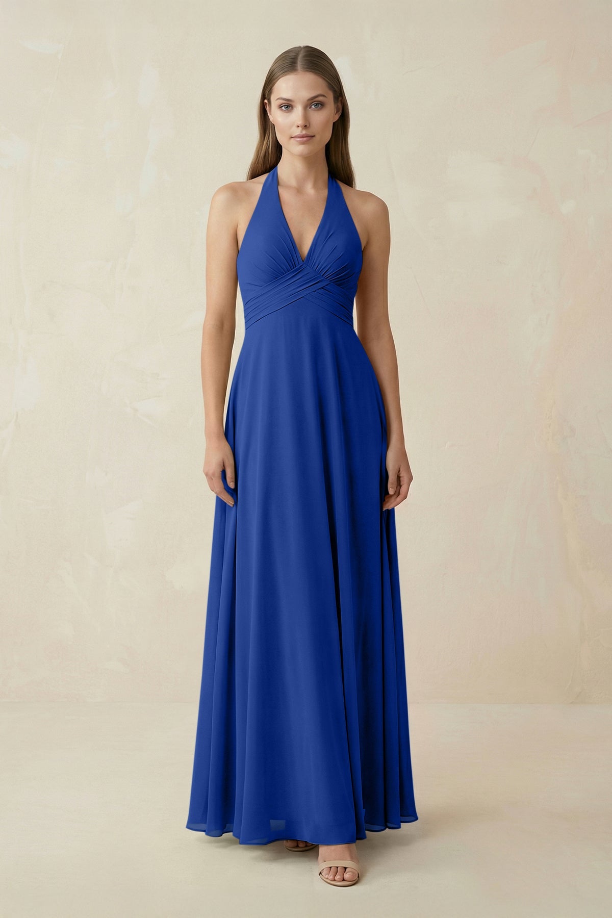 A-Line Pleated Chiffon V-Neck Bridesmaid Dress in Royal Blue