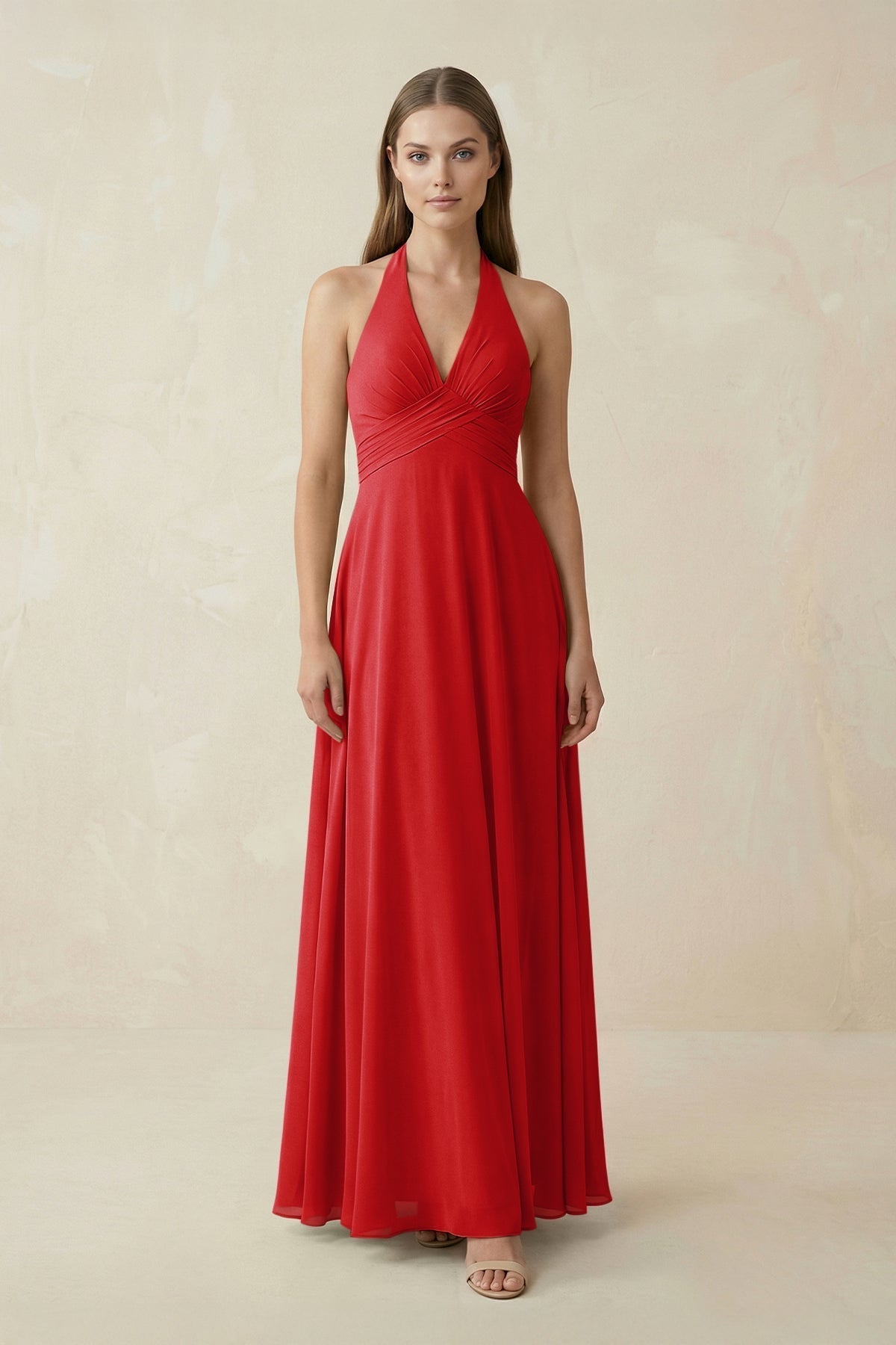 A-Line Pleated Chiffon V-Neck Bridesmaid Dress in Ruby Red