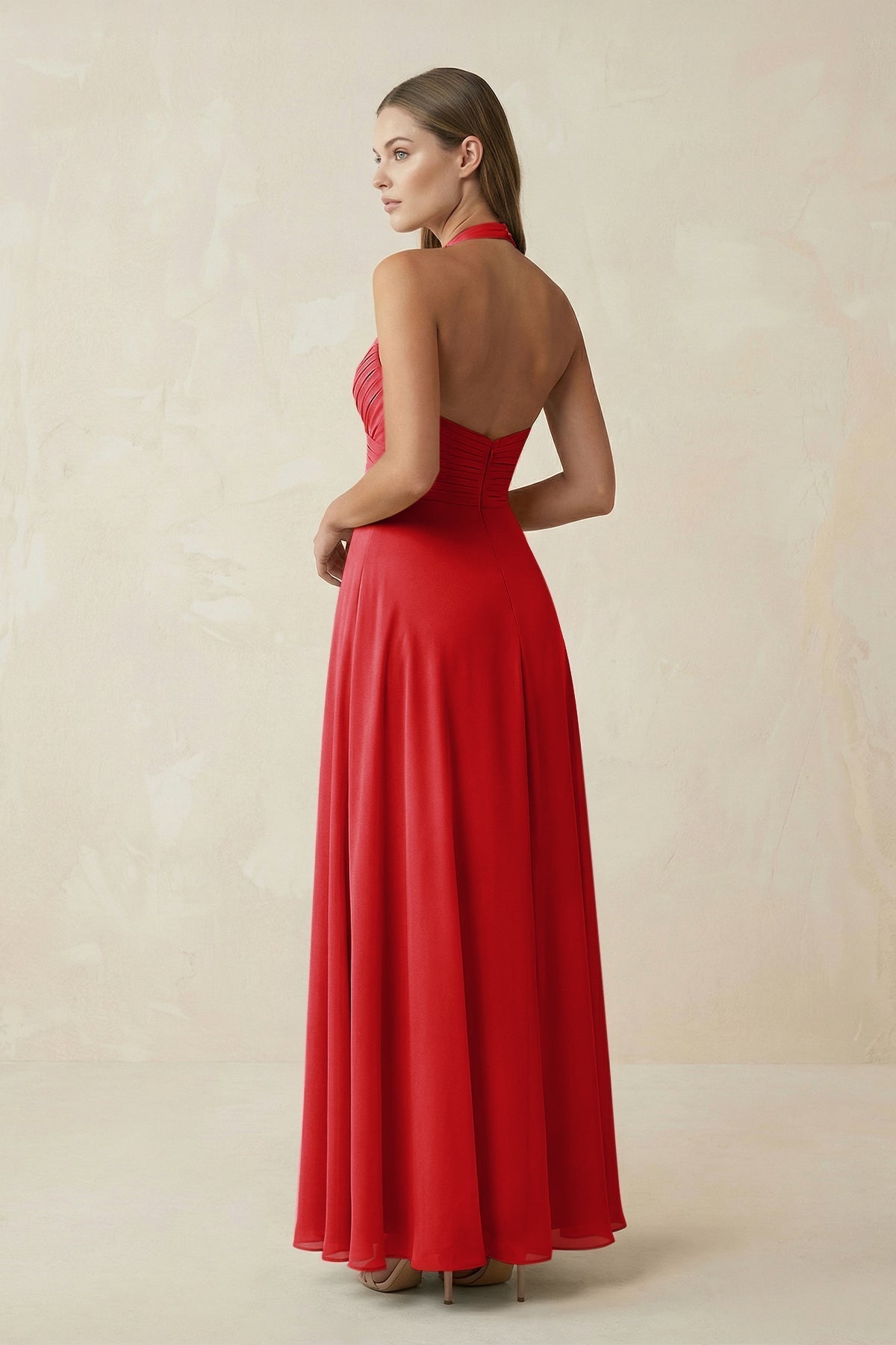 A-Line Pleated Chiffon V-Neck Bridesmaid Dress in Ruby Red