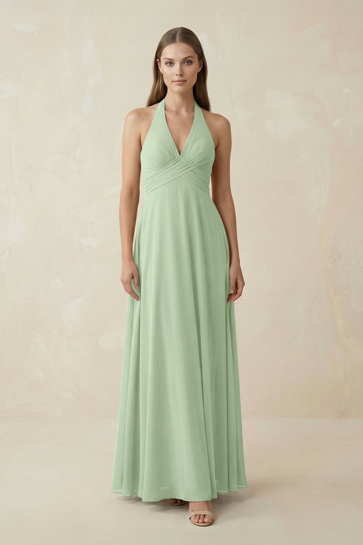 A-Line Pleated Chiffon V-Neck Bridesmaid Dress in Sage