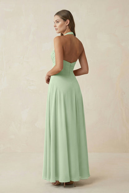 A-Line Pleated Chiffon V-Neck Bridesmaid Dress in Sage