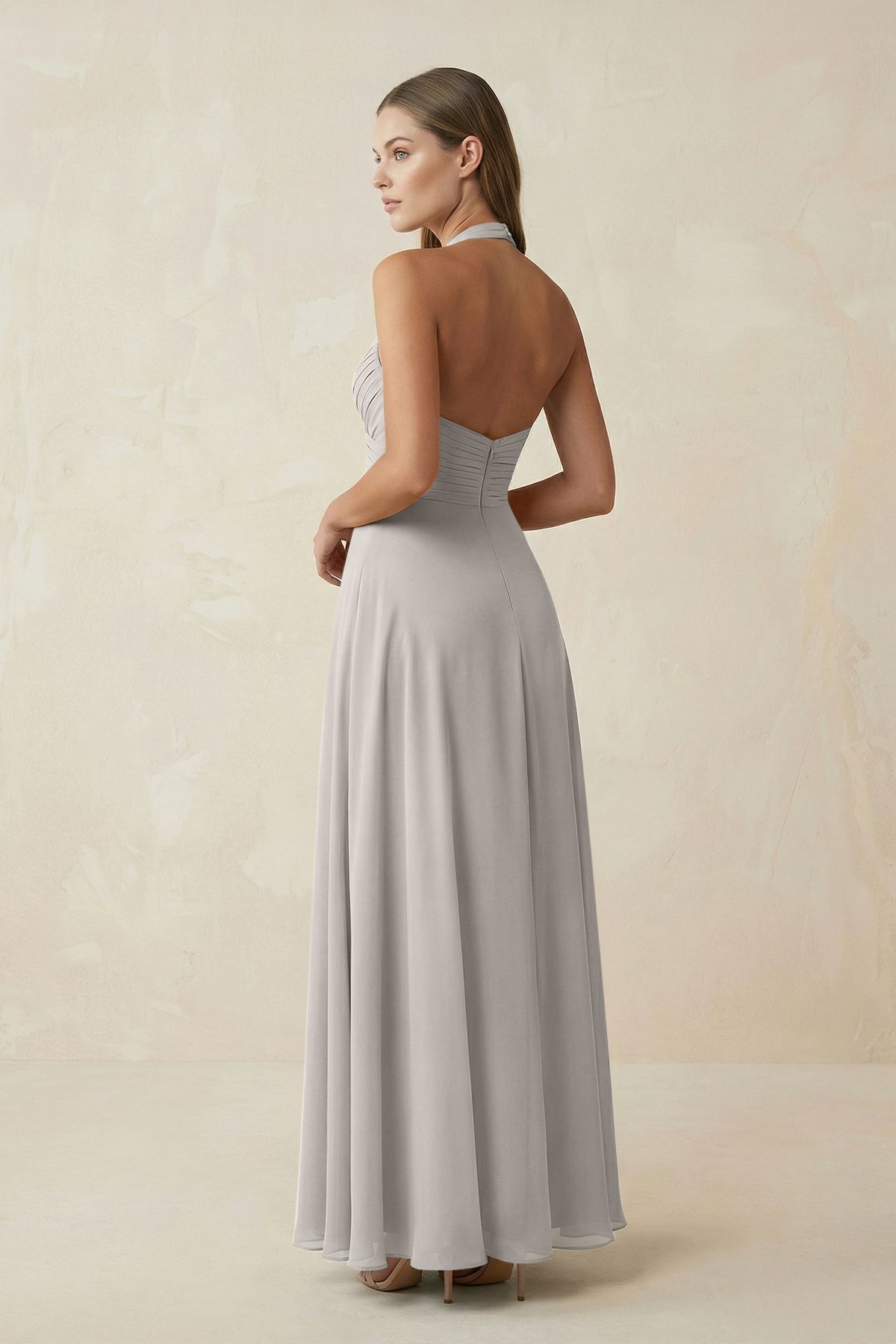 A-Line Pleated Chiffon V-Neck Bridesmaid Dress in Silver