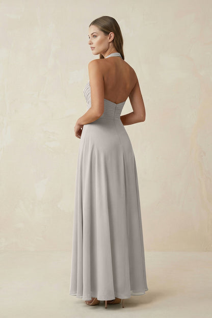 A-Line Pleated Chiffon V-Neck Bridesmaid Dress in Silver