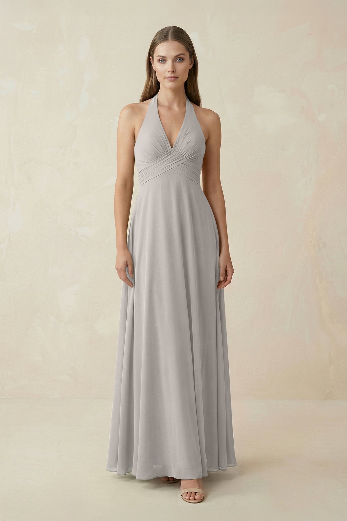 A-Line Pleated Chiffon V-Neck Bridesmaid Dress in Silver