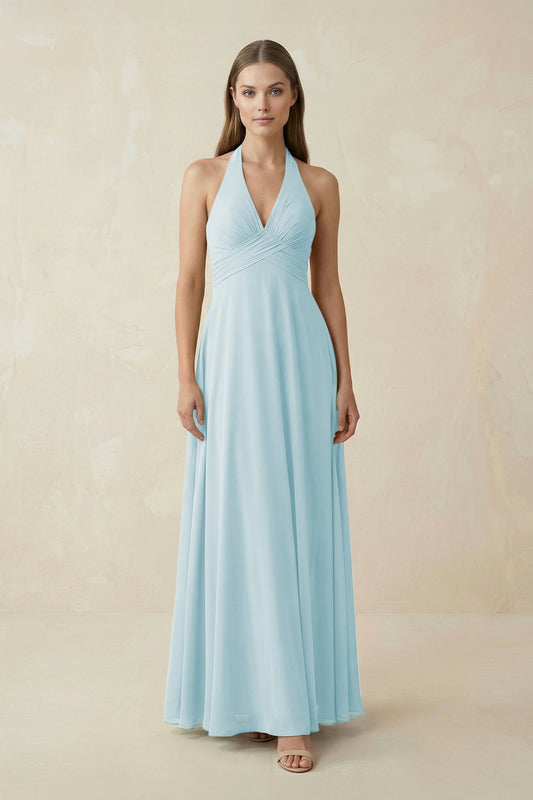A-Line Pleated Chiffon V-Neck Bridesmaid Dress in Sky Blue
