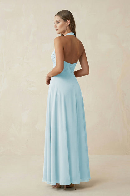A-Line Pleated Chiffon V-Neck Bridesmaid Dress in Sky Blue