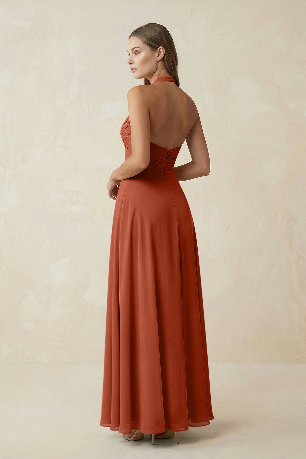 A-Line Pleated Chiffon V-Neck Bridesmaid Dress in Spice