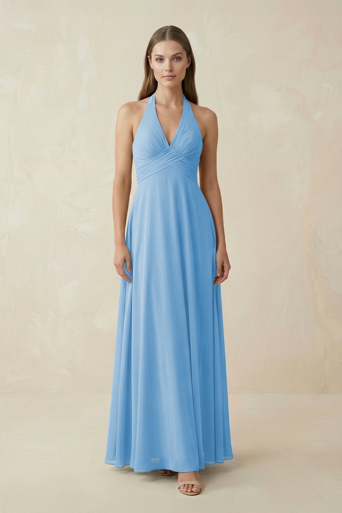 A-Line Pleated Chiffon V-Neck Bridesmaid Dress in Steel Blue