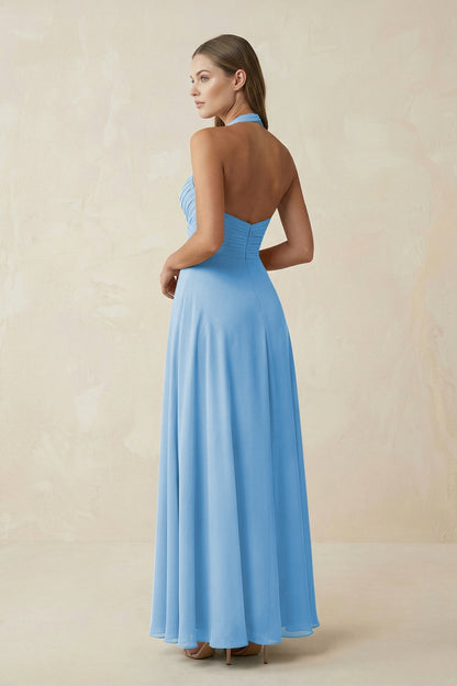 A-Line Pleated Chiffon V-Neck Bridesmaid Dress in Steel Blue