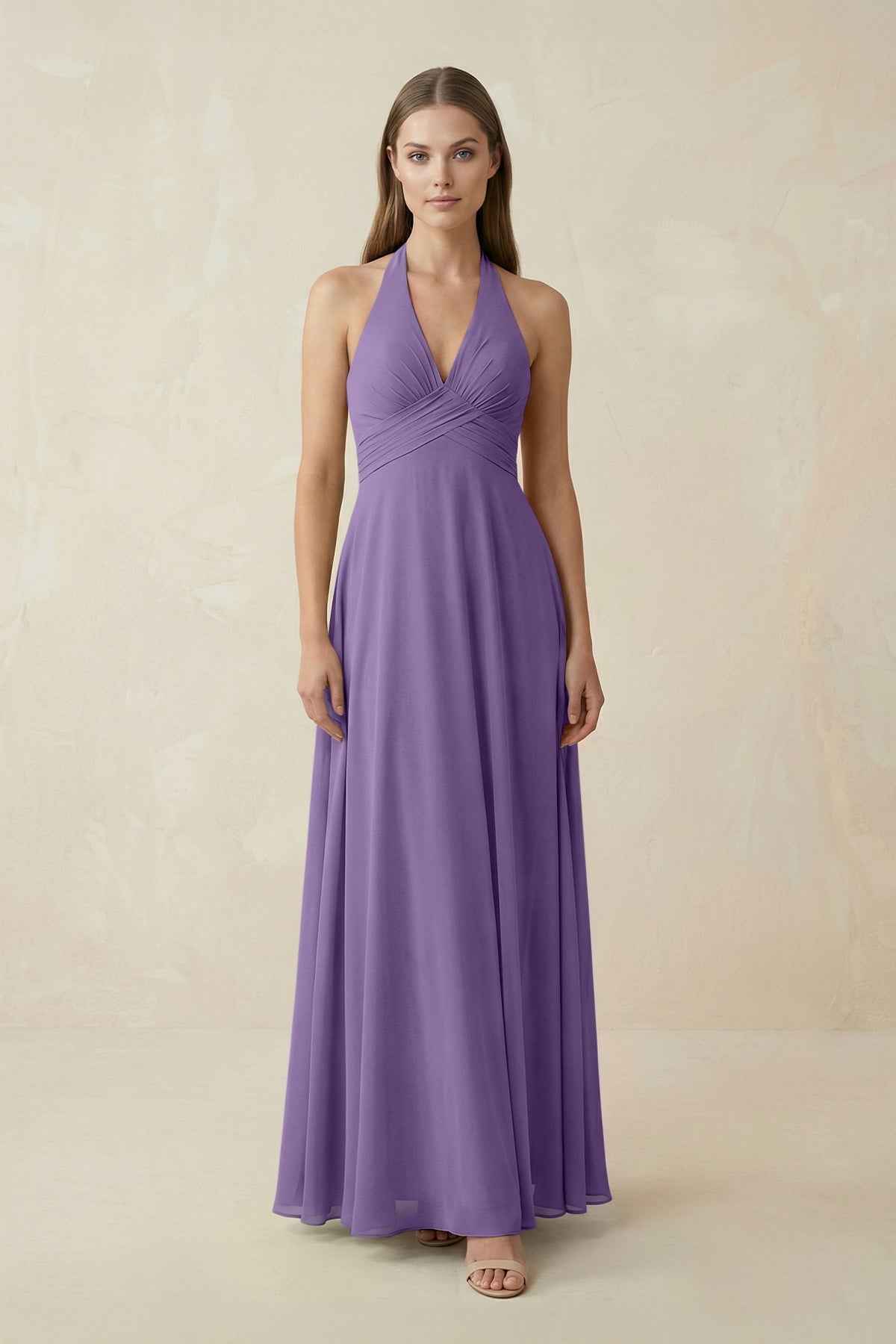 A-Line Pleated Chiffon V-Neck Bridesmaid Dress in Tahiti