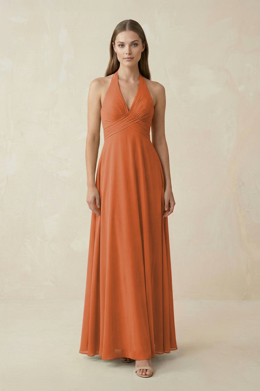 A-Line Pleated Chiffon V-Neck Bridesmaid Dress in Terracotta