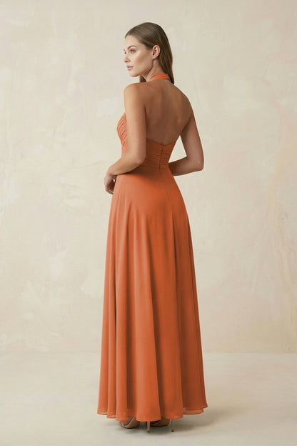A-Line Pleated Chiffon V-Neck Bridesmaid Dress in Terracotta