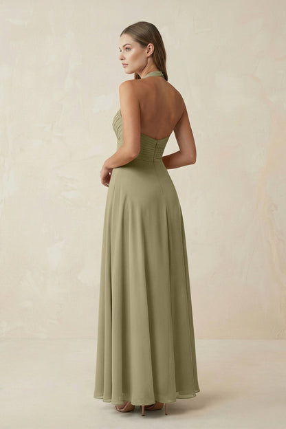 A-Line Pleated Chiffon V-Neck Bridesmaid Dress in Thyme