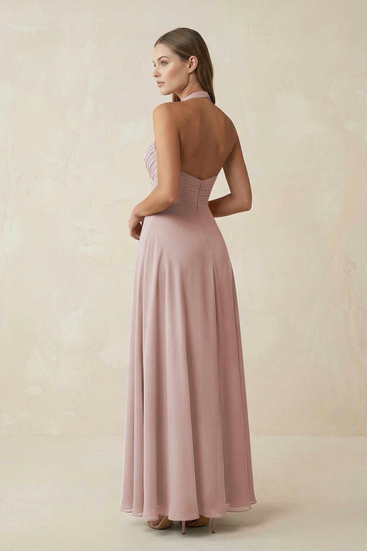 A-Line Pleated Chiffon V-Neck Bridesmaid Dress in Toffee