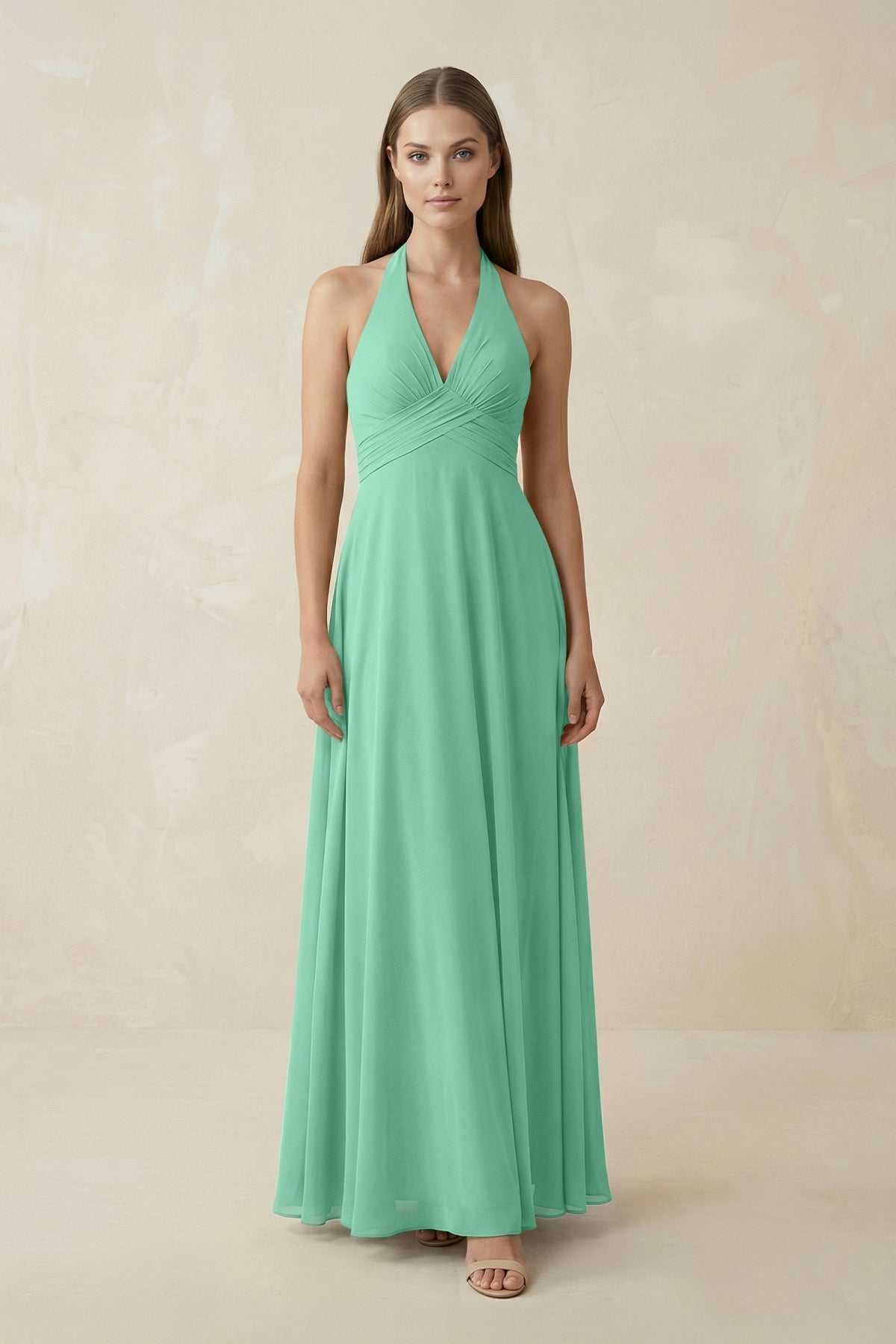 A-Line Pleated Chiffon V-Neck Bridesmaid Dress in Turquoise