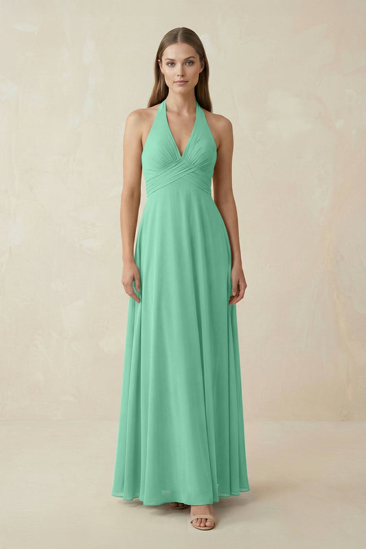 A-Line Pleated Chiffon V-Neck Bridesmaid Dress in Turquoise