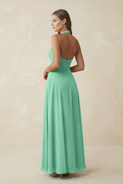A-Line Pleated Chiffon V-Neck Bridesmaid Dress in Turquoise