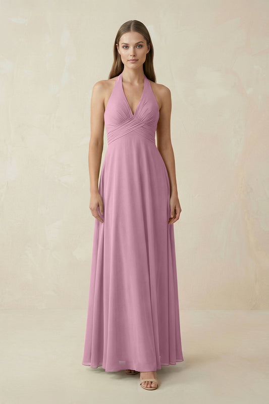 A-Line Pleated Chiffon V-Neck Bridesmaid Dress in Vintage Mauve