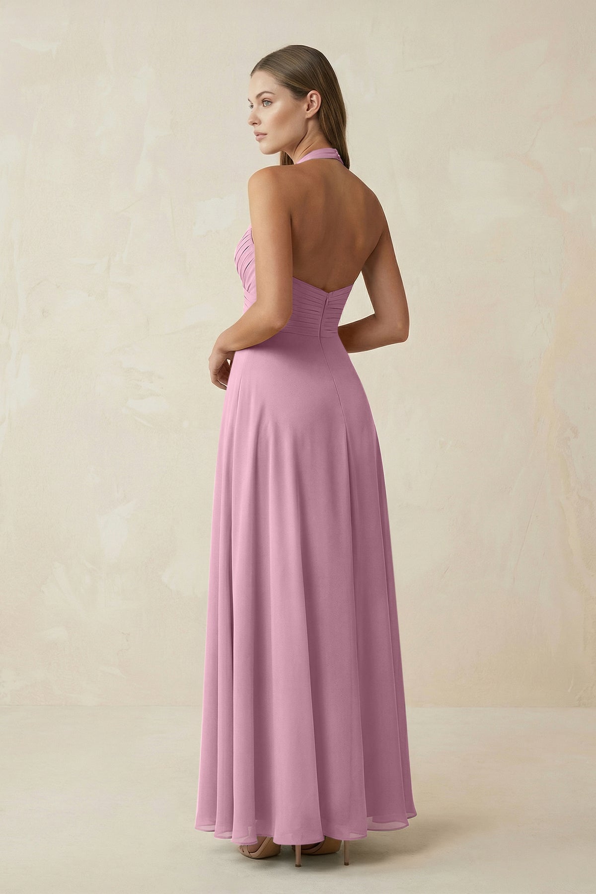 A-Line Pleated Chiffon V-Neck Bridesmaid Dress in Vintage Mauve