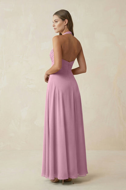 A-Line Pleated Chiffon V-Neck Bridesmaid Dress in Vintage Mauve